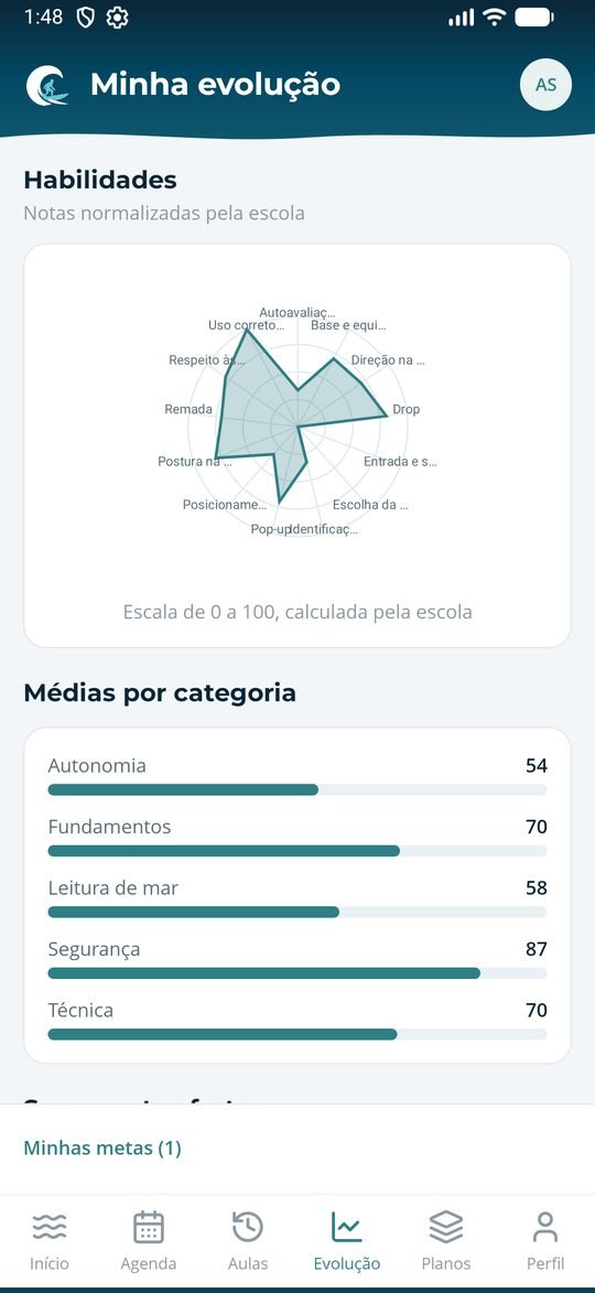 Evolução do aluno no aplicativo, com a nota de cada habilidade e as médias por categoria — dados de demonstração