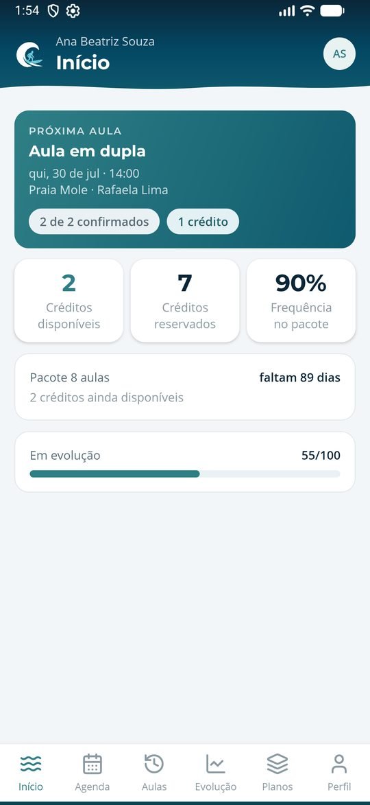 Tela inicial do aplicativo do aluno: próxima aula, saldo de créditos, frequência no pacote e evolução — dados de demonstração